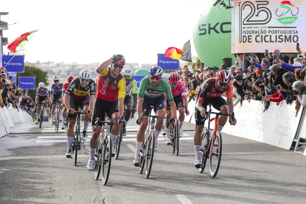 Milan Fretin surprises and smiles at the sprint finish in Faro